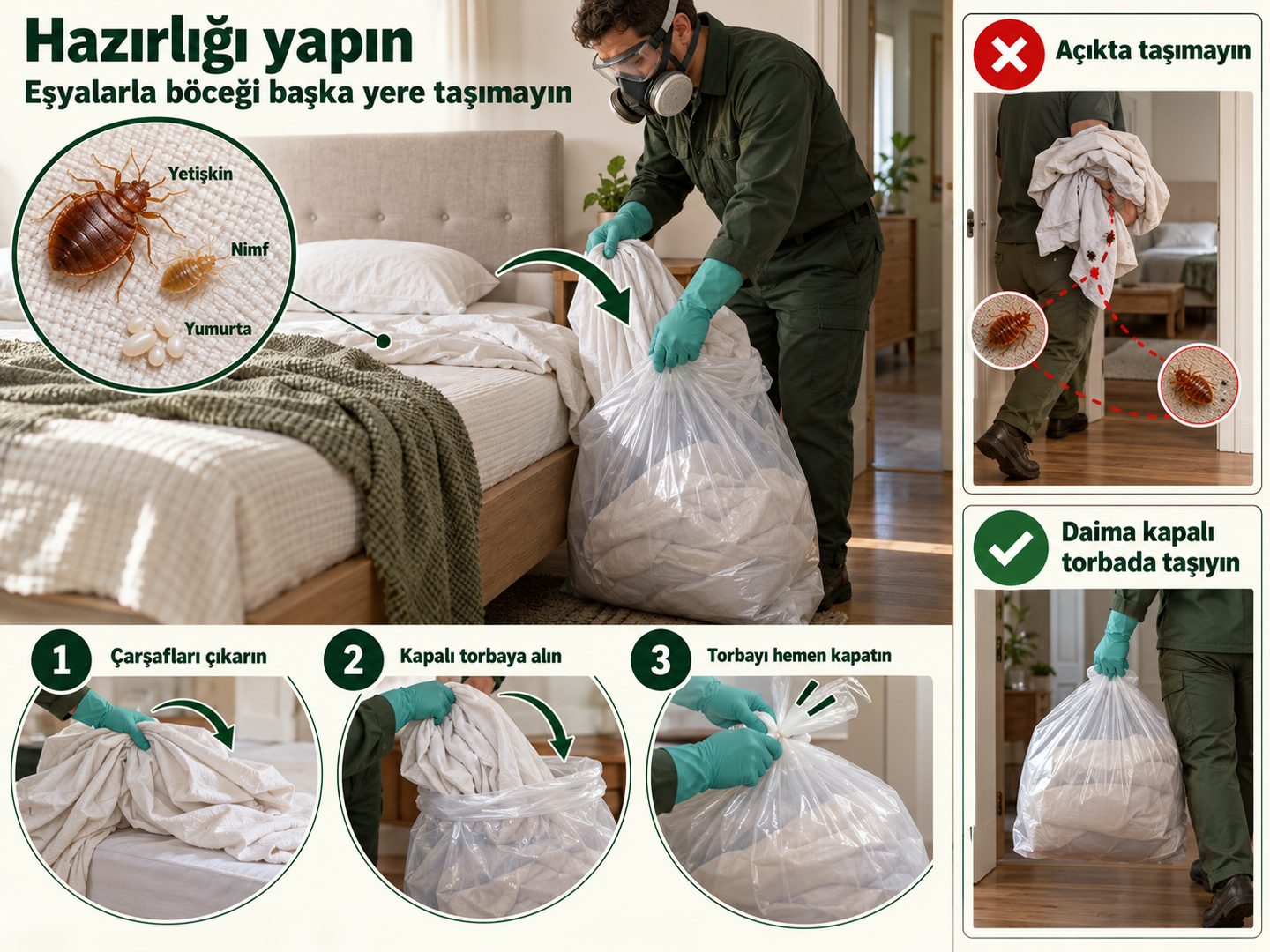 Çarşafların yatak yanında kapalı torbaya alınması ve odalar arasında açıkta taşınmaması