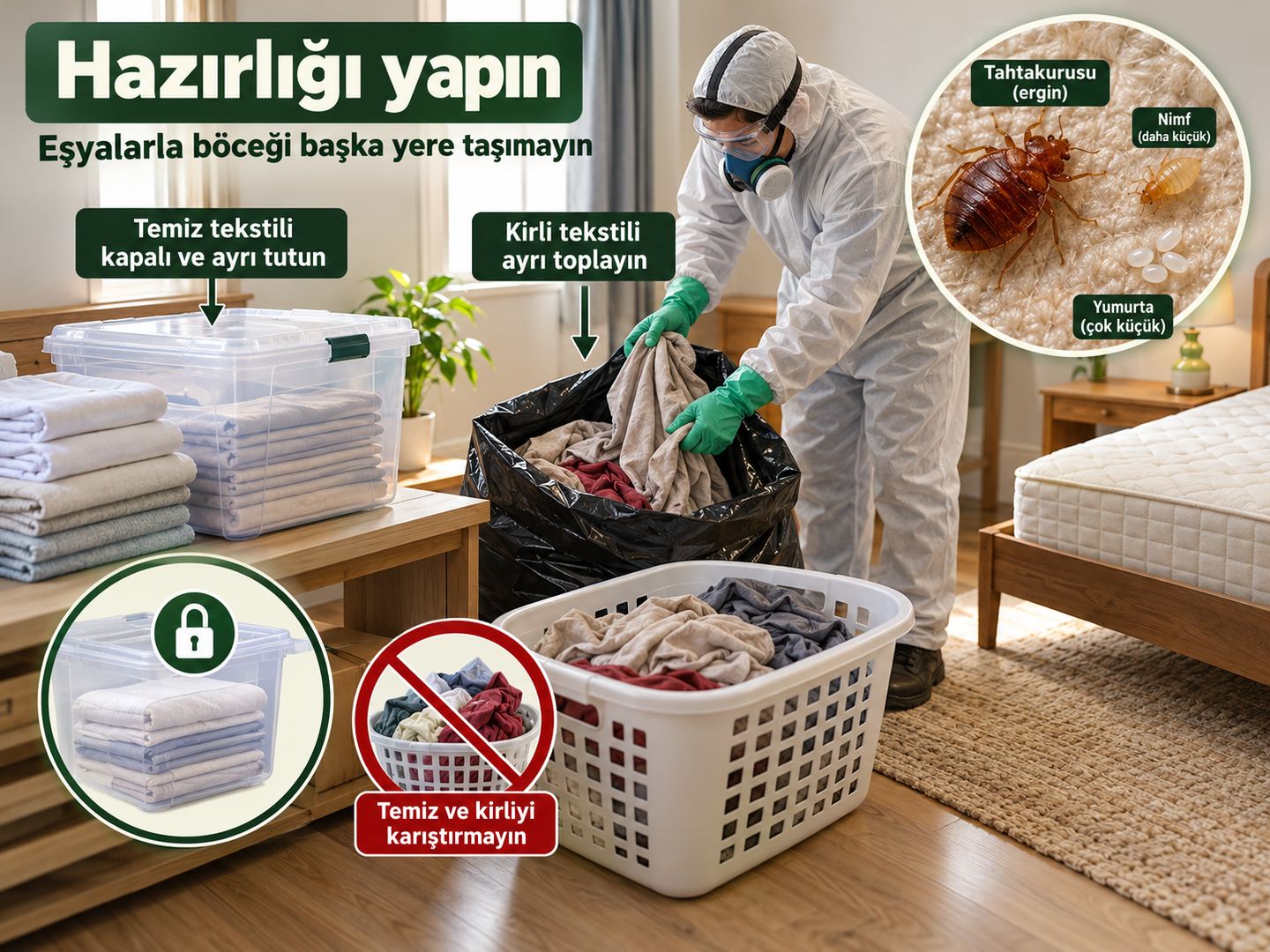 Temiz tekstilin kapalı ve ayrı tutulması ile kirli tekstilin ayrılması