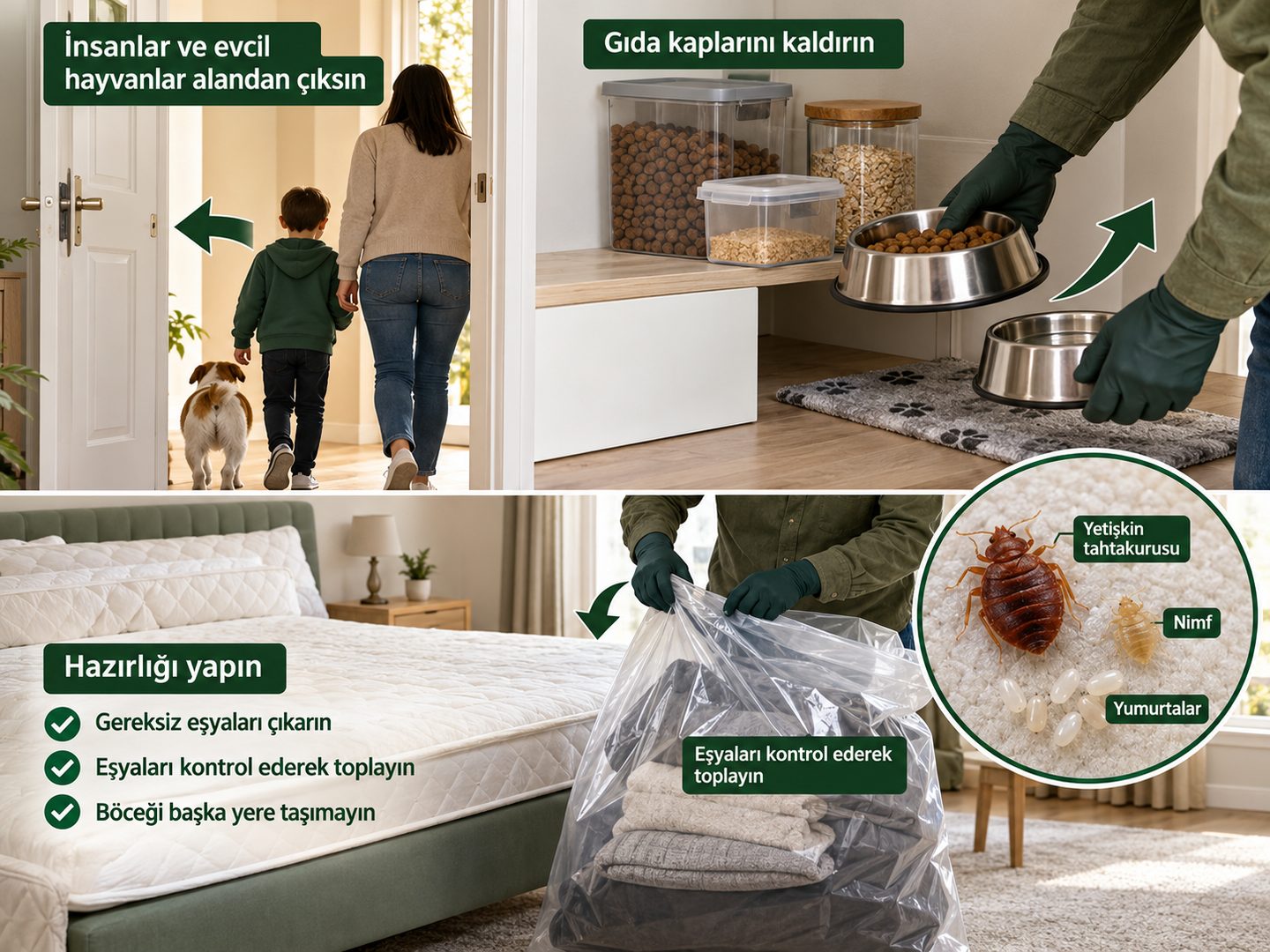 İnsanların ve evcil hayvanların uygulama öncesinde alandan çıkması, gıda kaplarının kaldırılması