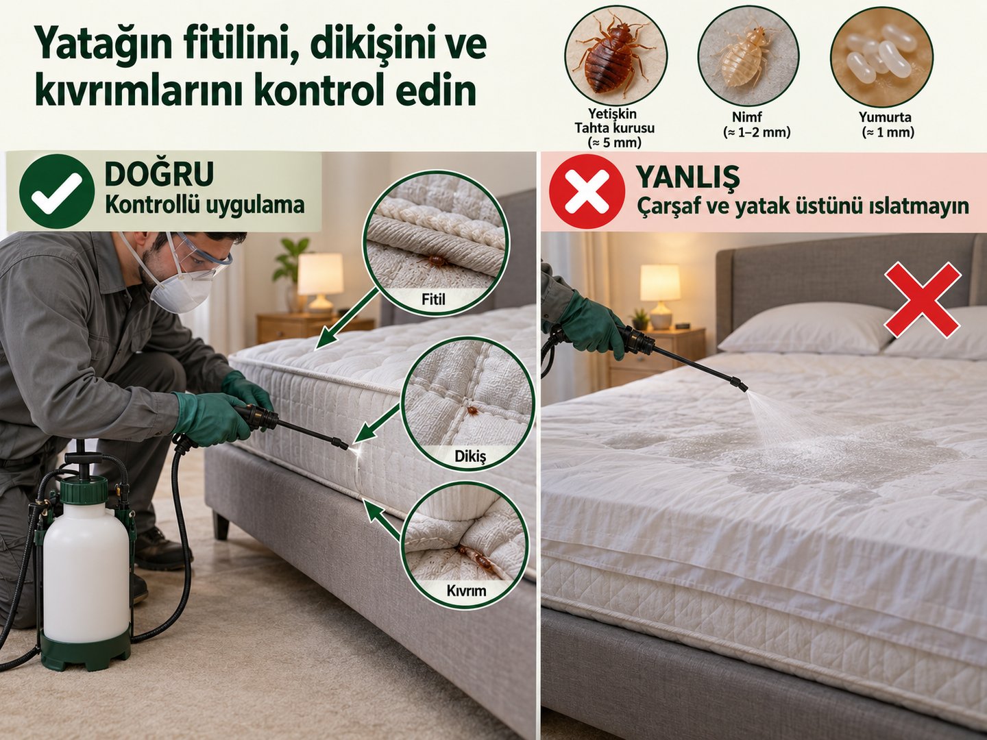 İzin verilen dikiş birleşimine kontrollü uygulama ile çarşaf ve yatak üstünü ıslatmanın doğru yanlış karşılaştırılması