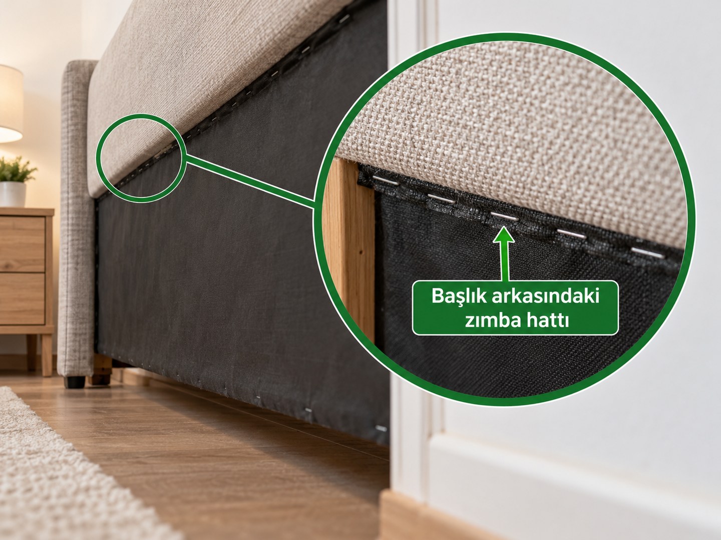 Başlık arkasındaki zımba hattının daire içinde büyütülerek işaretlenmesi