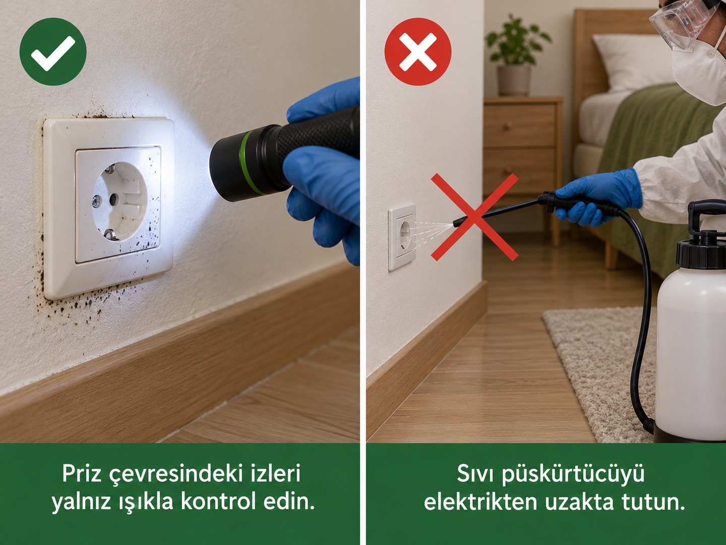 Priz çevresindeki izlerin yalnız ışıkla kontrolü, sıvı püskürtücünün elektrikten uzakta tutulması