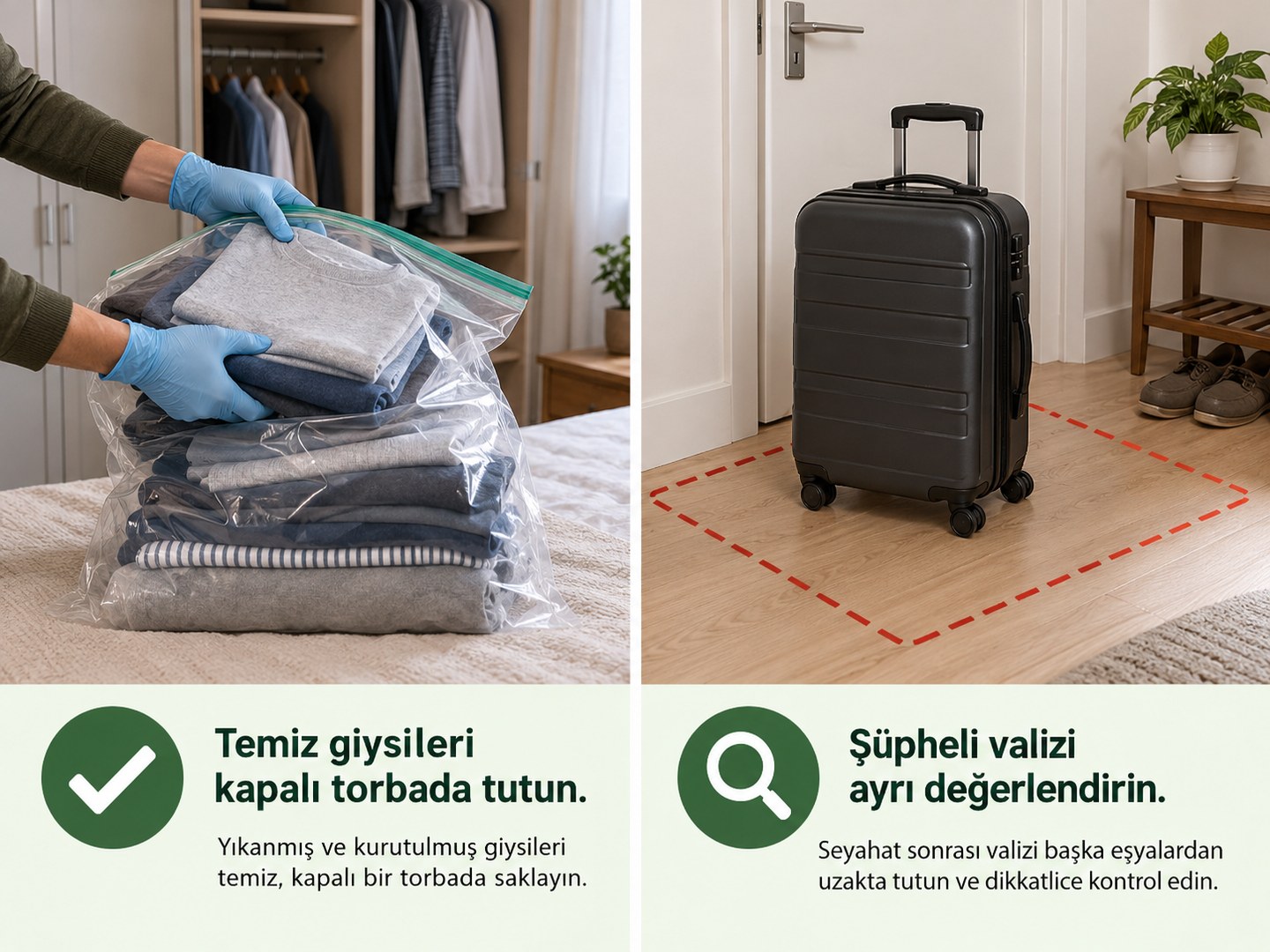 Temiz giysilerin kapalı torbada tutulması ve şüpheli valizin ayrı değerlendirilmesi
