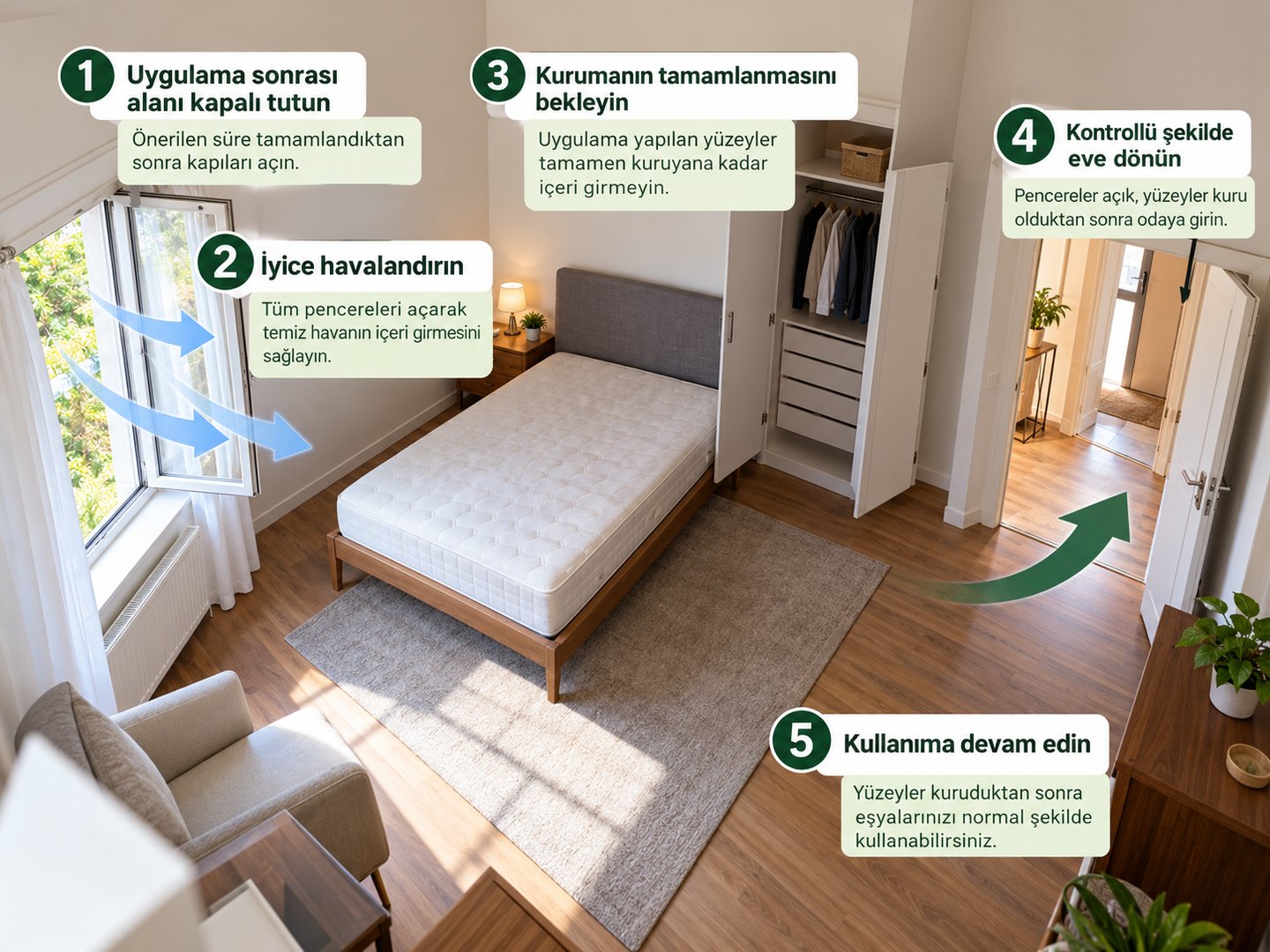 Kapalı uygulama alanından havalandırma ve kuruma sonrası kontrollü eve dönüş sırası