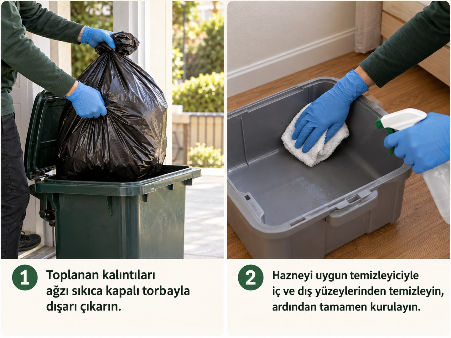 Toplanan kalıntıların kapalı torbayla dışarı çıkarılması ve haznenin uygun temizliği