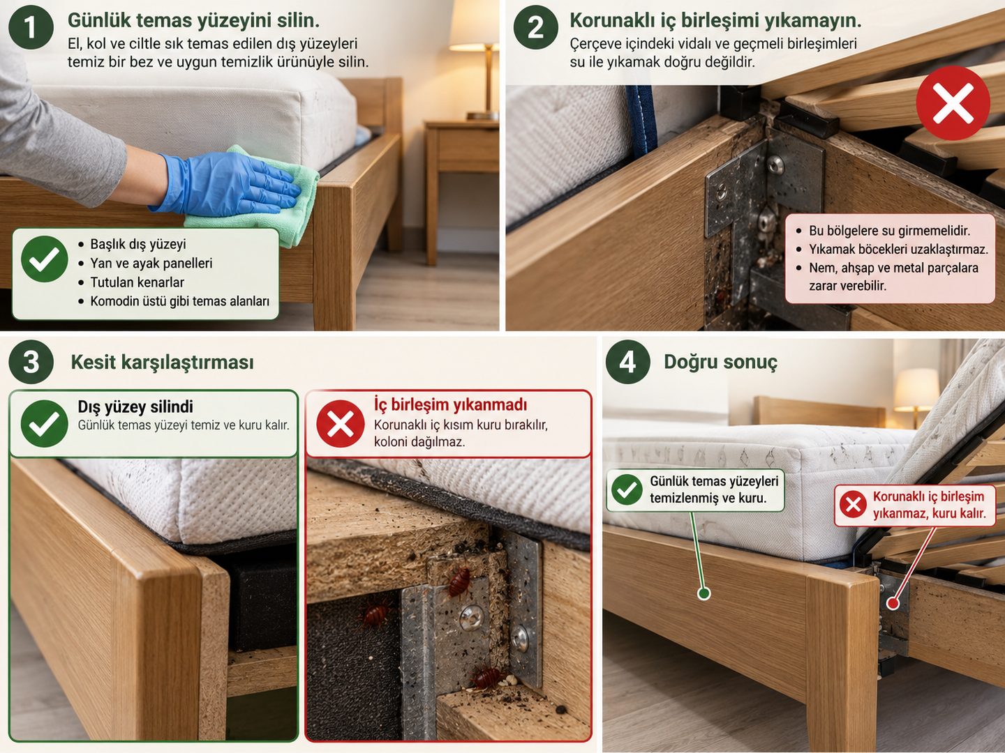 Günlük temas yüzeyinin silinmesi ile korunaklı iç birleşimin yıkanmamasının kesit karşılaştırması