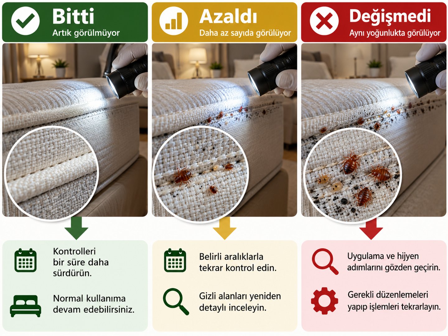 Bitti, azaldı, değişmedi başlıklı üç dallı sonuç kontrolü şeması