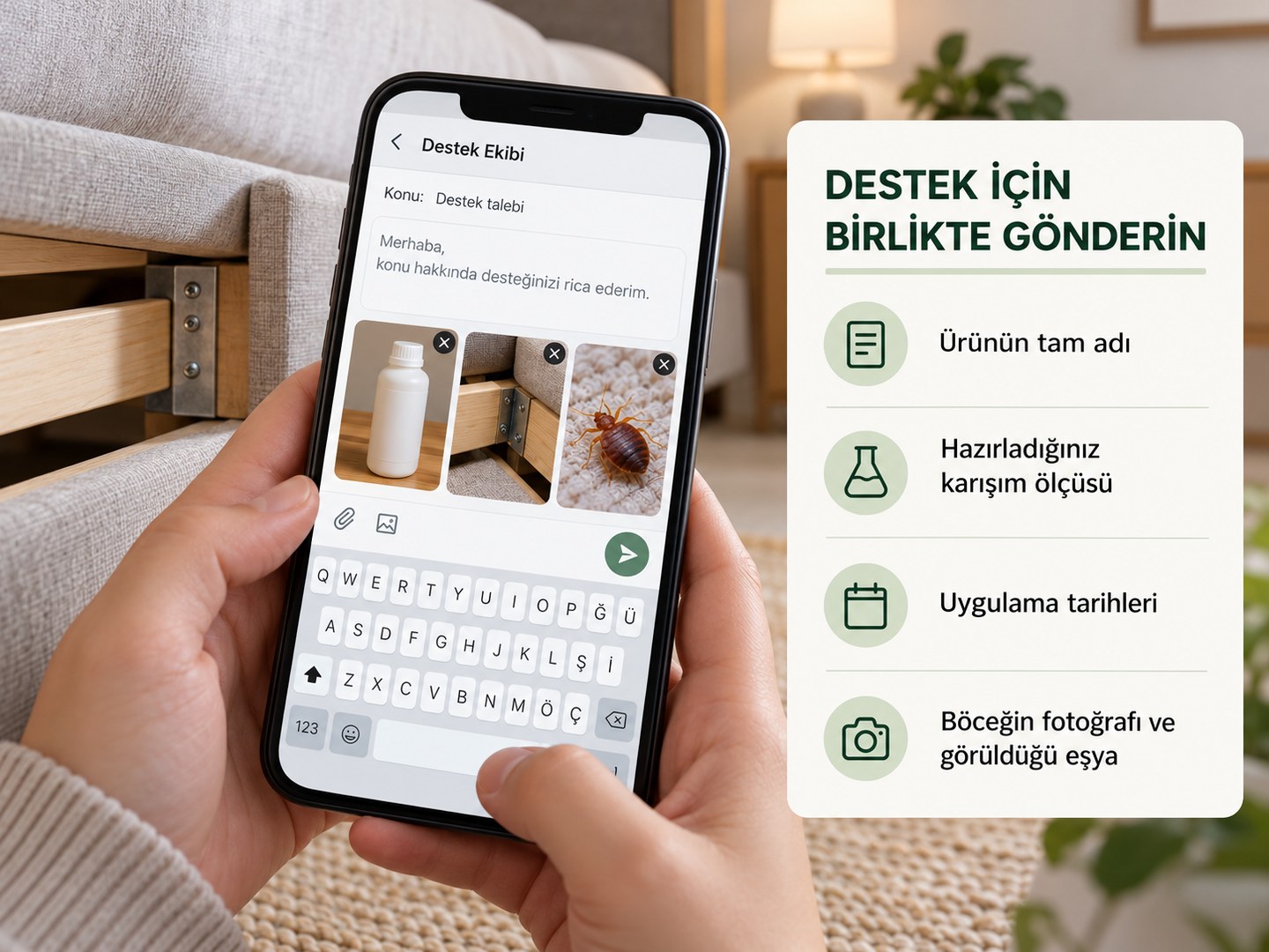 Destek için ürün fotoğrafı, ölçü, tarih ve sorunlu eşyanın tek bilgi kartında toplanması