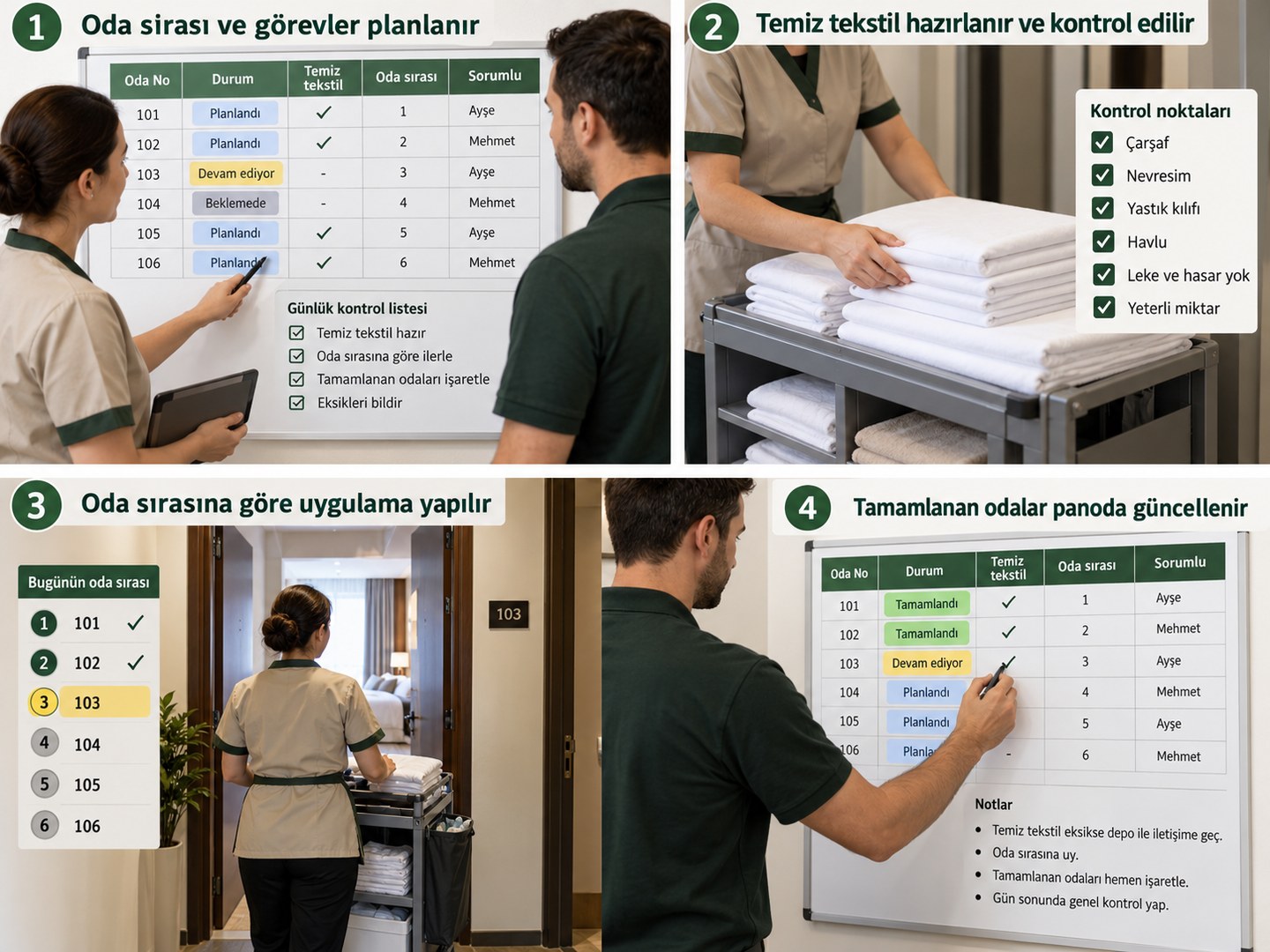 Personel, temiz tekstil ve oda sırasının sorumlu kişiyle ortak takip panosunda planlanması