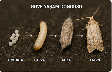 Güve yaşam döngüsü yumurta larva koza ve ergin dönemleri
