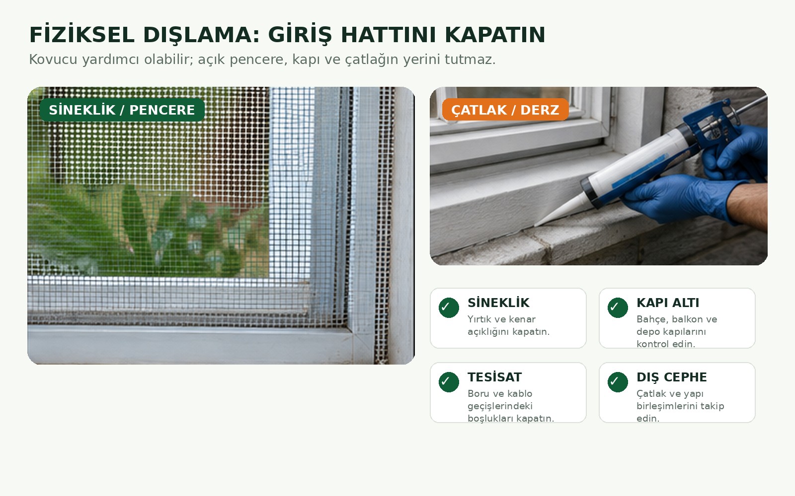 Kertenkele fiziksel dışlama, pencere sinekliği, kapı altı ve yapı çatlağı kontrolü