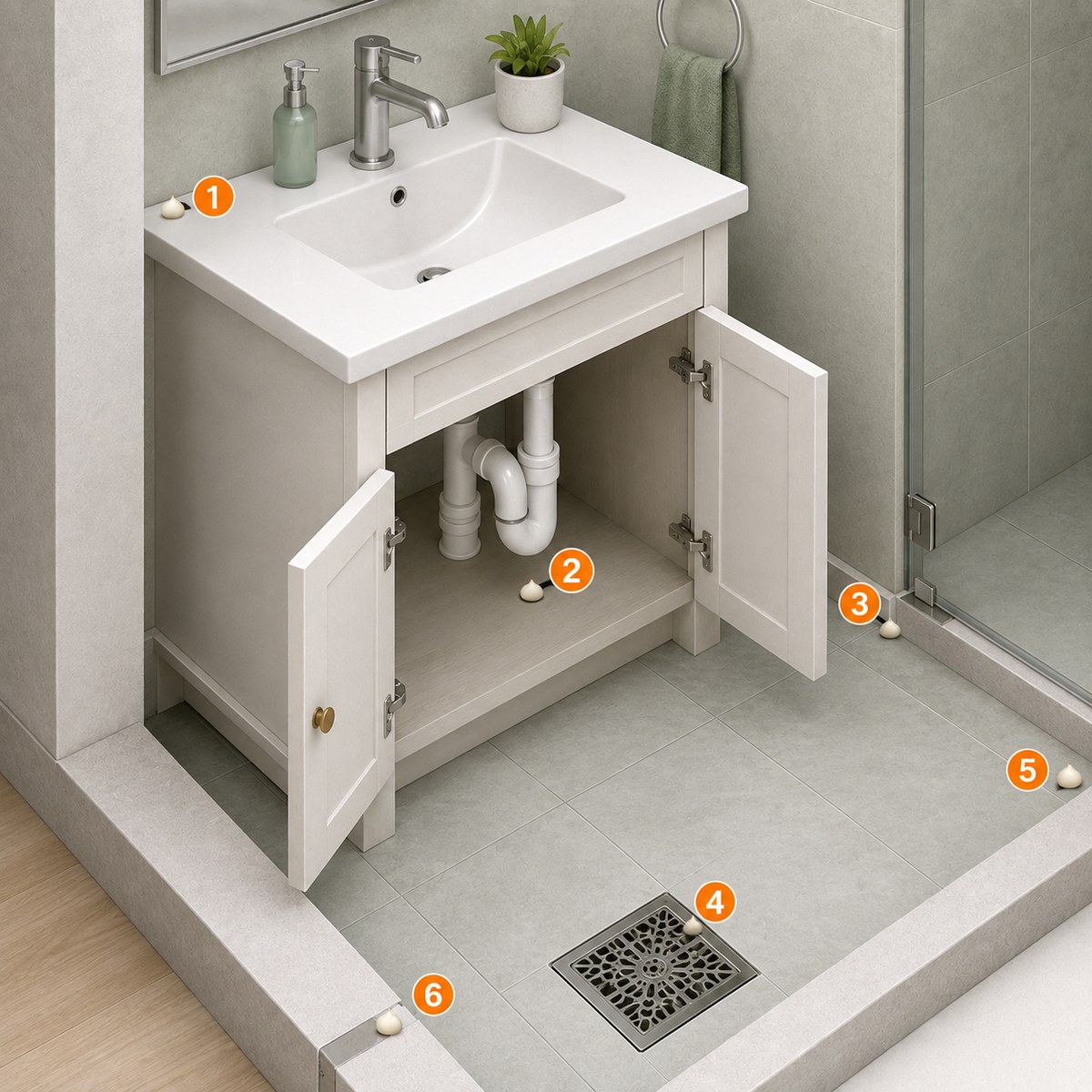 Banyo dolabı ve gider çevresinde jel hamamböceği uygulama noktaları