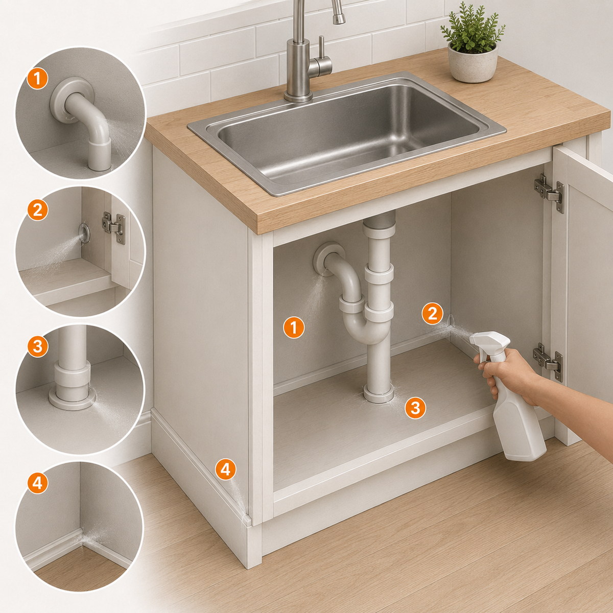 Lavabo altı ve boru geçişlerinde kokusuz hamamböceği ilacı uygulama bölgeleri