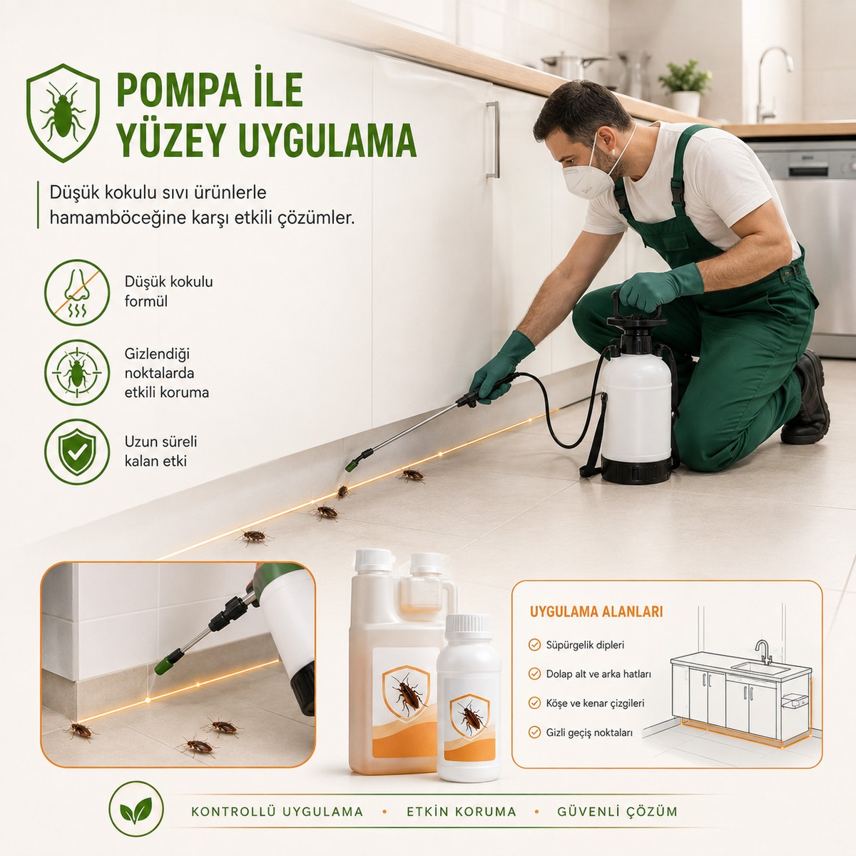 Kokusuz kalorifer böceği ilacının pompa ile kontrollü yüzey uygulaması