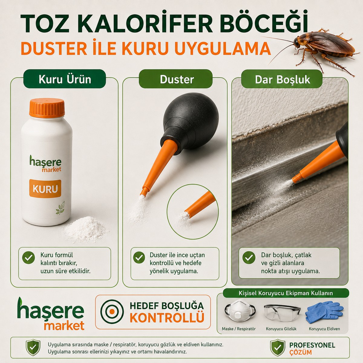 Duster ile kontrollü kuru toz kalorifer böceği uygulaması
