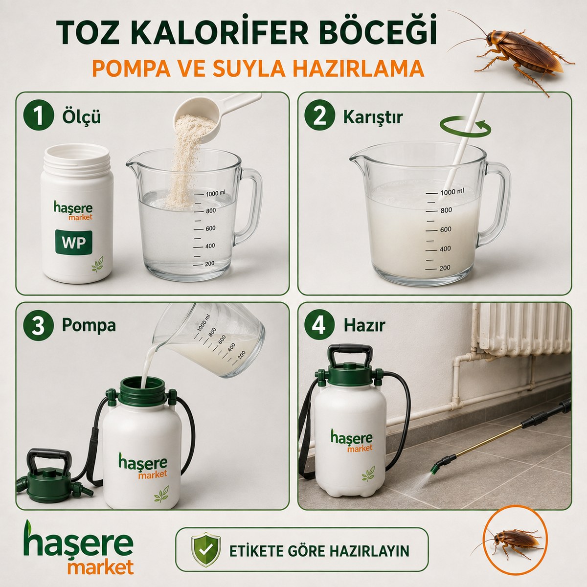 WP WG toz kalorifer böceği ilacının su ve pompa ile hazırlanması