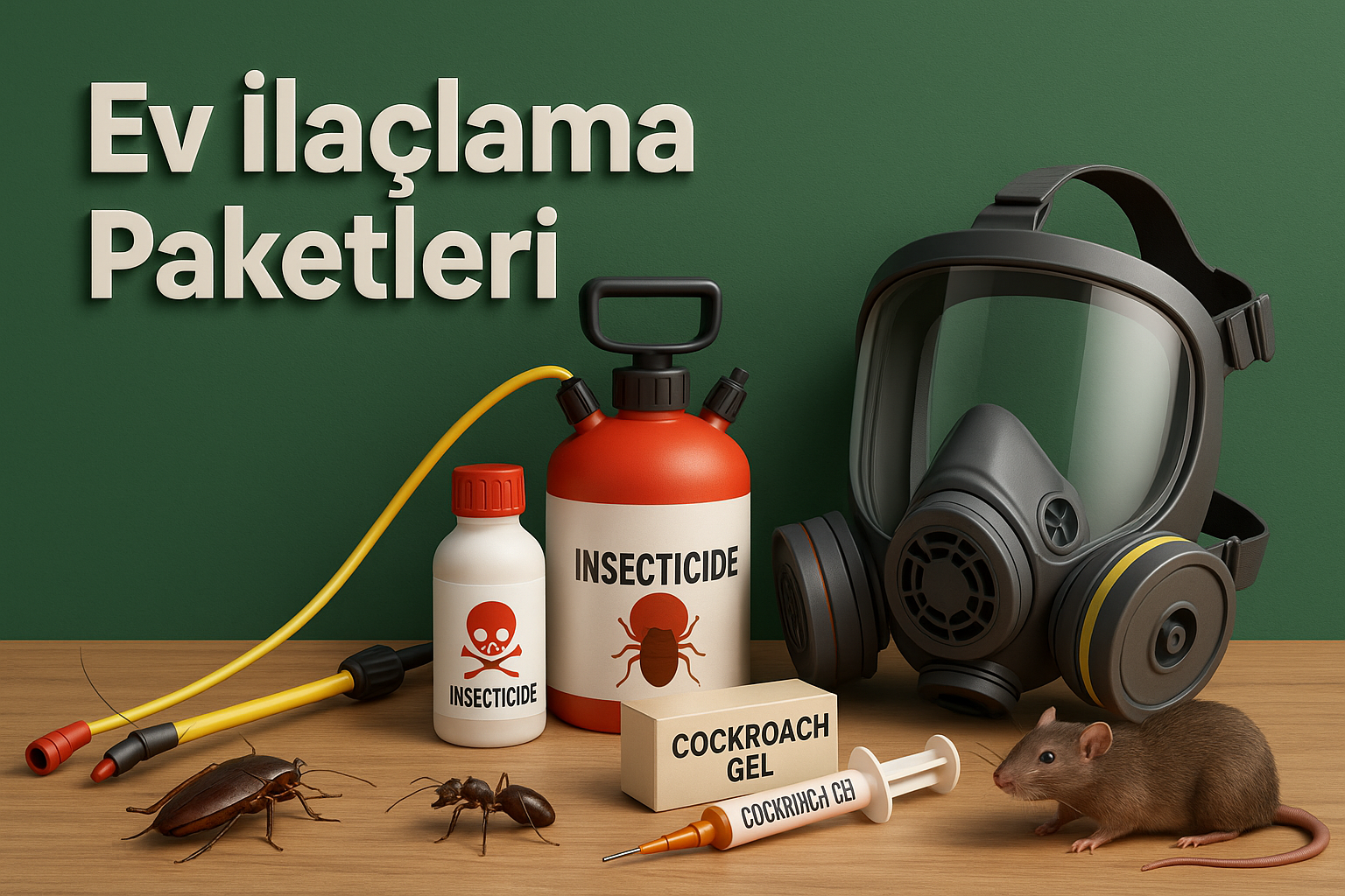 Evde hamamböceği, fare ve böcek ilaçlaması için hazırlanmış profesyonel içerikli hazır set görseli. Görselde jel hamamböceği ilacı, sıvı böcek ilacı, ilaçlama pompası, bez tip solunum maskesi, fare kapanı, mum blok fare zehiri ve pellet form kemirgen yemi gibi ekipmanlar yer almakta. Haşere Market tarafından sunulan bu setler, ev kullanıcılarının fare, hamamböceği, karınca gibi haşerelere karşı hızlı, güvenli ve etkili çözüm üretmesi için özel olarak oluşturulmuştur. Görselde ürünler Türkçe etiketli olup gerçekçi ve 3D render kalitesiyle sunulmuştur. Masaüstü ve mobil cihazlar için SEO uyumlu kategorik tanıtım bannerı olarak kullanılabilir.