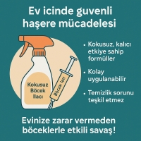 ilaçlama yardım rehberi | Ev içi haşere mücadelesinde kokusuz ve kalıcı formüllerle temizlik bozulmadan etkili çözüm sunan sprey ve jel ilaçları gösteren bilgilendirici grafik. 2/2