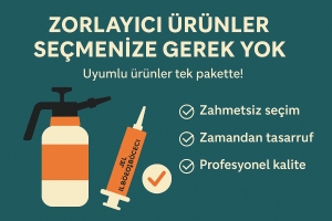 Bu görsel, Haşere Market'in sunduğu hazır haşere ilaçlama setlerinin kullanıcı dostu yapısını anlatan bilgilendirici bir infografiktir. | “Zahmetsiz seçim”, “Zamandan tasarruf” ve “Profesyonel kalite”. Bu üç madde, kullanıcının ayrı ayrı ürün aramak, doğru kombinasyonu belirlemek gibi zahmetli işlemlerle uğraşmadan, tek pakette en uygun çözüme ulaşabileceğini vurgular. 