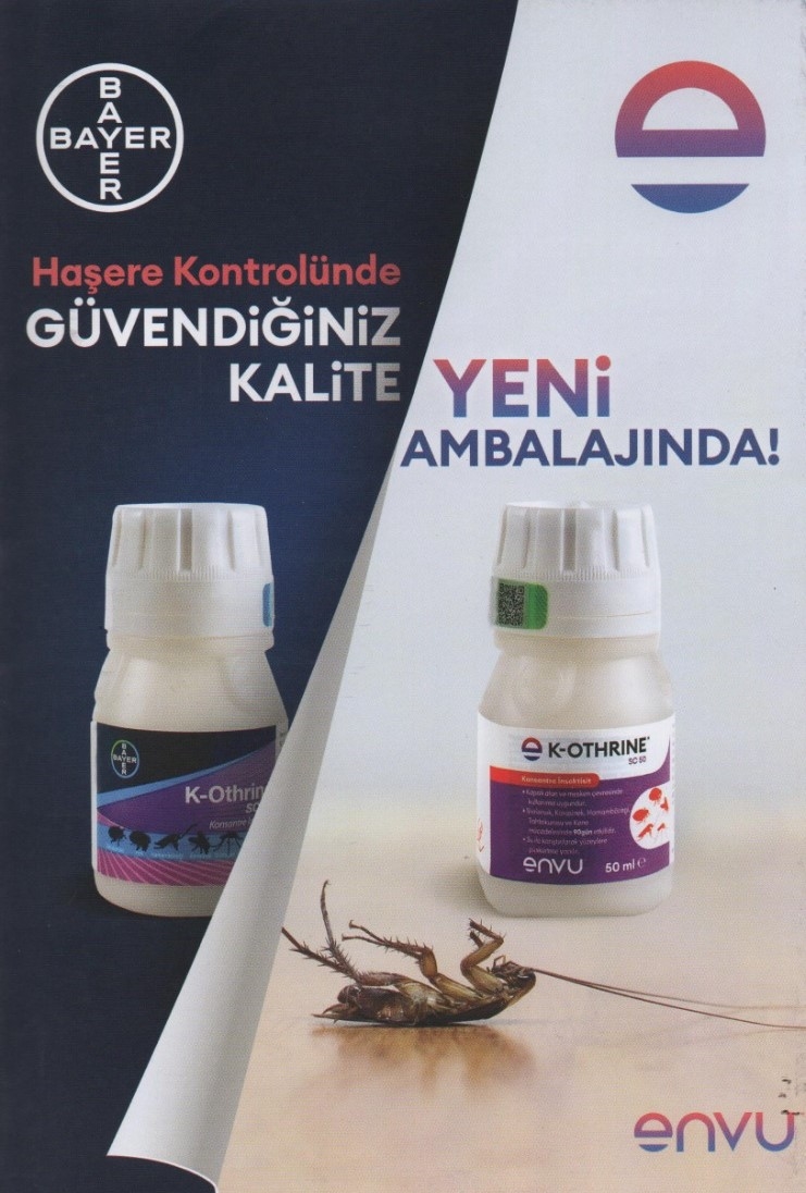 K-Othrine SC 50 ürününün eski Bayer ve yeni Envu ambalajlarını karşılaştıran geçiş broşürü