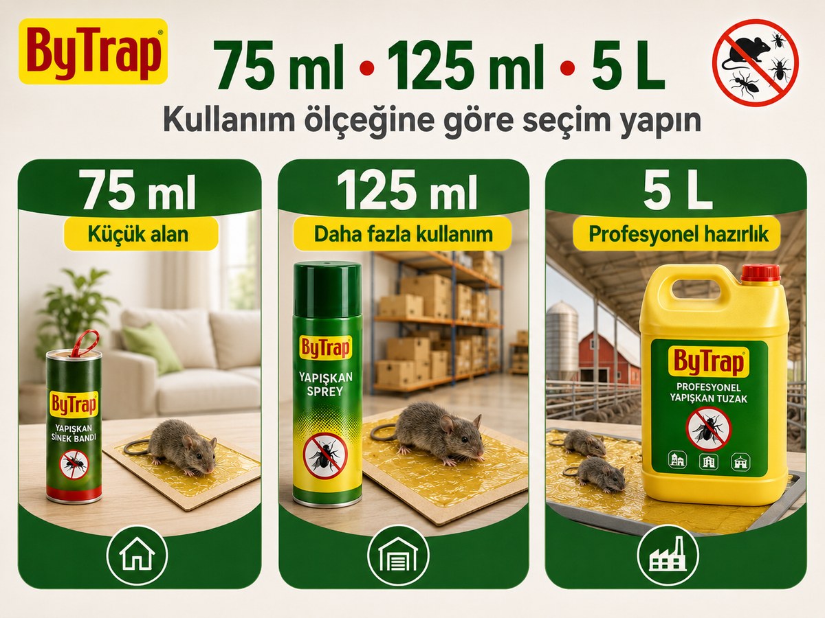 ByTrap 75 ml 125 ml ve 5 litre yapışkan kullanım ölçeği karşılaştırması