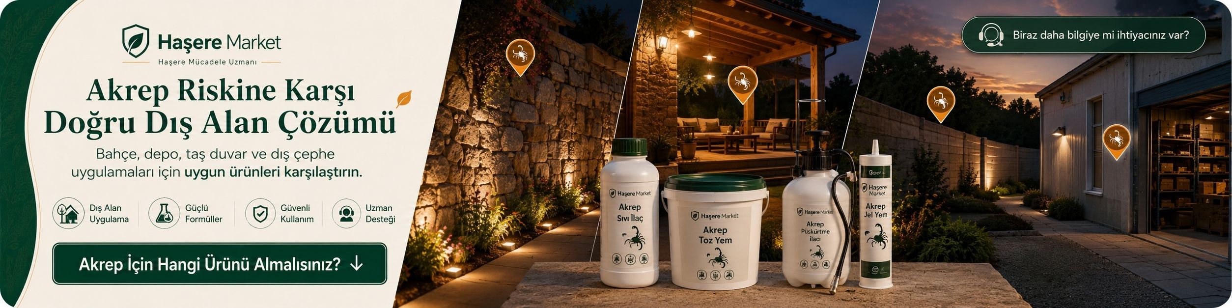 Ev, villa, bahçe ve depo için kokusuz, kokulu ve toz akrep ilaçlarını anlatan kategori vitrini