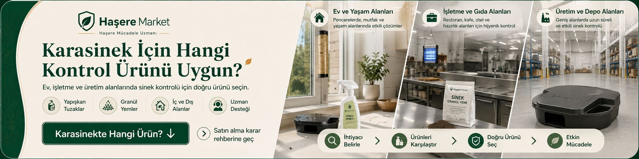 Ev, bahçe, ahır ve işletmeler için kokusuz, kokulu, toz granül karasinek ilaçları ile mücadele ürünlerini anlatan kategori vitrini