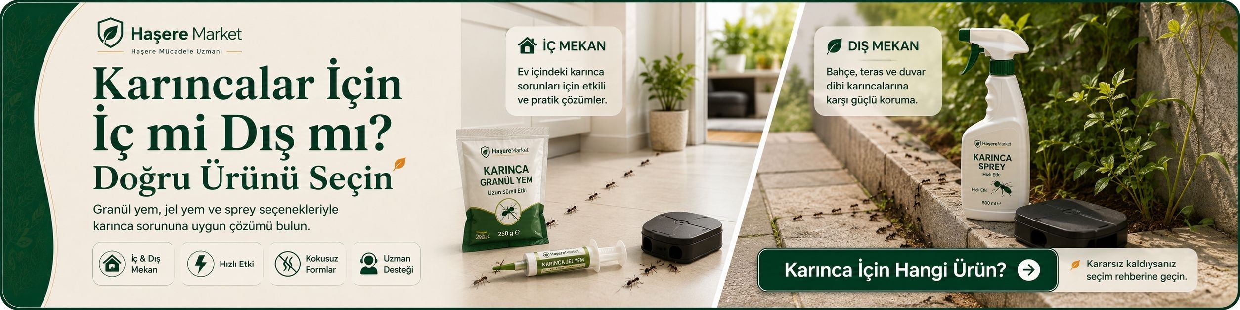 Jel, granül, kokusuz, kokulu ve toz karınca ilaçları için doğru ürün seçimini anlatan kategori vitrini