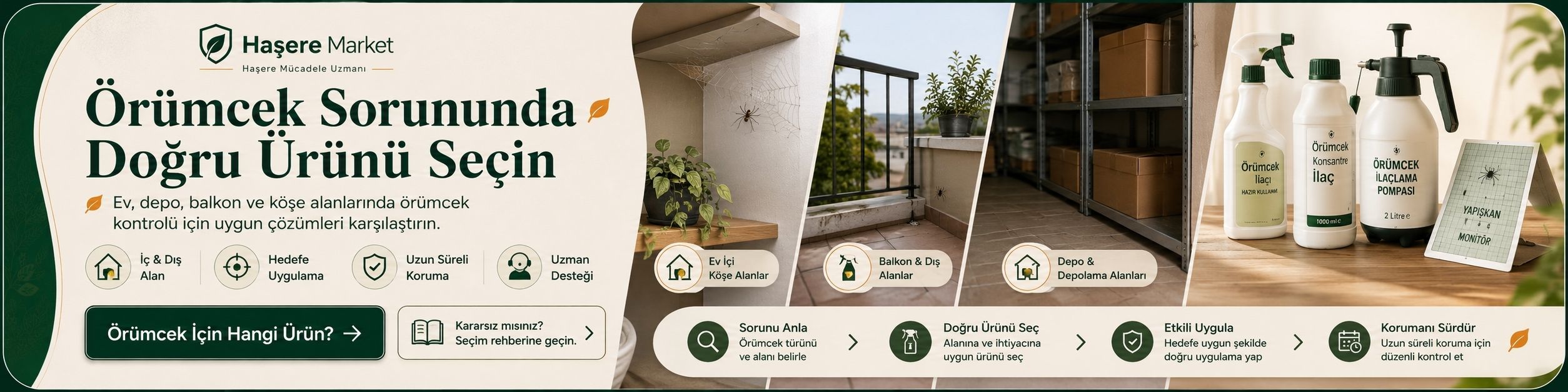 Ev, bahçe, depo ve bina çevresinde örümcek mücadelesi için uygun ilaçları, uygulama alanlarını ve ürün seçimini anlatan kategori vitrini