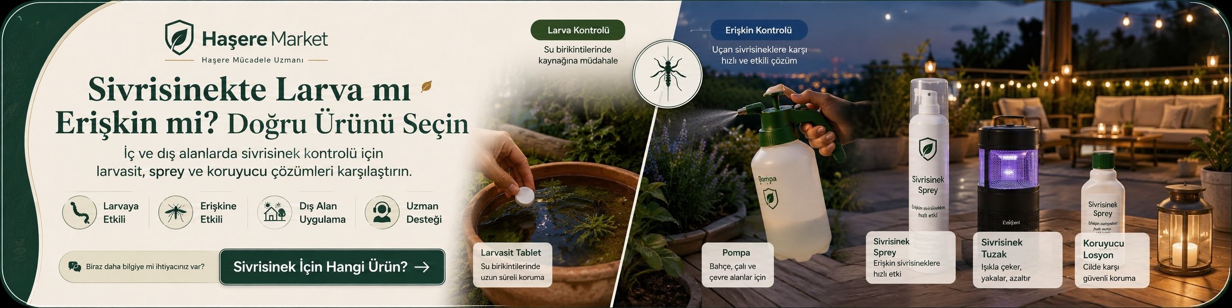 Ev, bahçe, yazlık ve açık alanlar için kokusuz, kokulu, larvasit sivrisinek ilaçları ve mücadele ürünlerini anlatan kategori vitrini