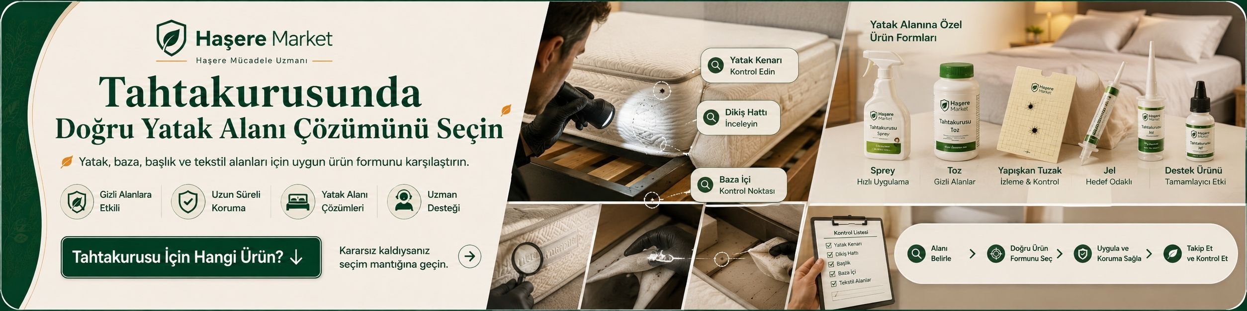Yatak, baza, başlık ve koltuk çevresinde tahtakurusu teşhisi ile kokusuz, kokulu ve yardımcı mücadele ürünlerini anlatan kategori vitrini