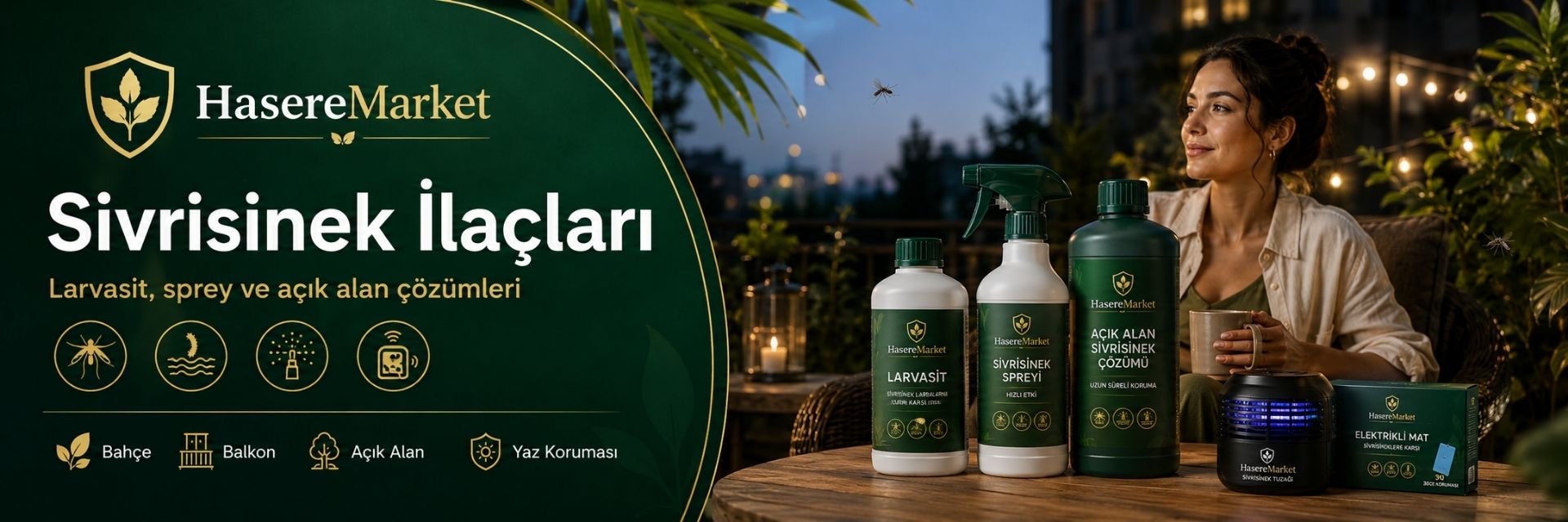 Haşere Market sivrisinek ilaçları masaüstü kategori bannerı; bahçe, balkon ve açık alanlar için larvasit, sivrisinek spreyi, elektrikli mat ve yaz dönemi mücadele ürünlerini tanıtan görsel