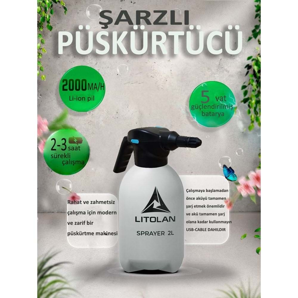 Lıtolan Elektrikli Püskürtücü Şarjlı Otomatik Yüksek Basınçlı İlaçlama Pompası |2 Litre